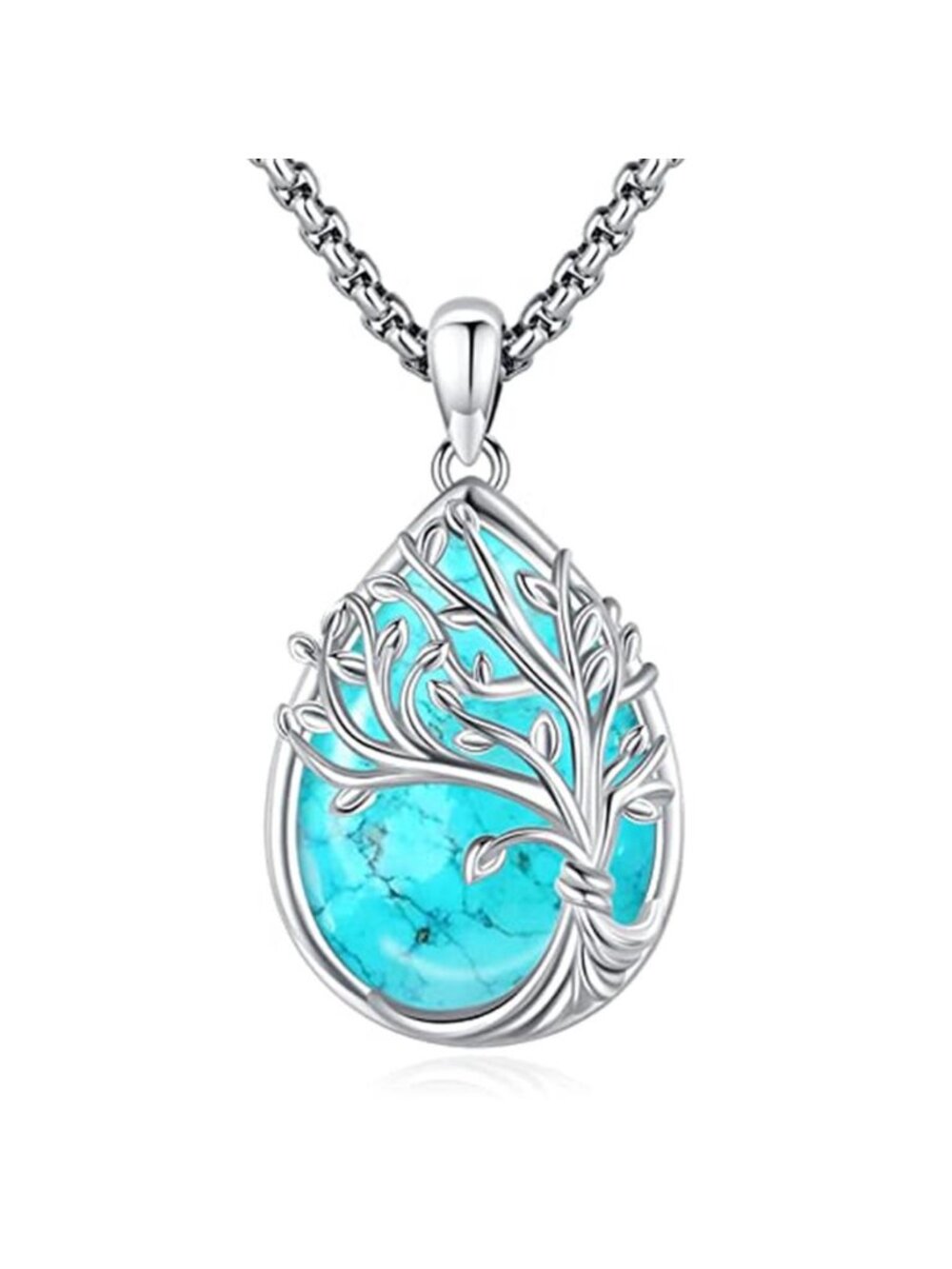 Sterling Silver Tree Of Life Turquoise Pendant Necklace S925 Gift Box Chain Gift